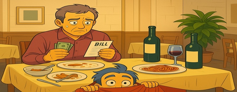 immagine simbolica disegnata in cui due amici finiscono una cena, ma paga uno solo di loro, l'altro si nasconde sotto al tavolo