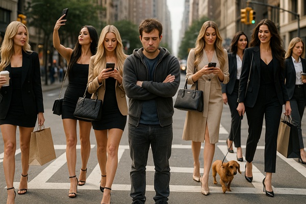 un giovane incel in mezzo alla strada in solitudine, ignorato da tutte le ragazze che passano intorno a lui, bellissime alte e truccate.