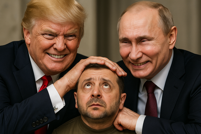 Trump e Putin stringono sotto di sé la testa di zelensky impaurito, che appare come un nano sotto il ghigno dei due potenti