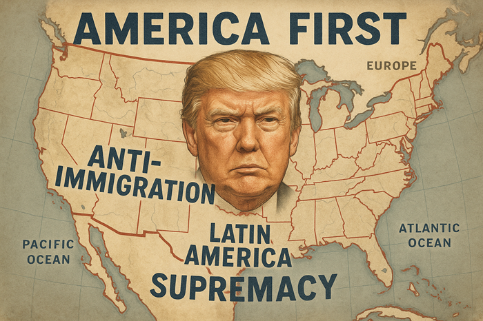 La cartina dell'America con Trump al centro, secondo il National Security Strategy che vede come priorità la lotta all'immigrazione e il dominio sull'america latina