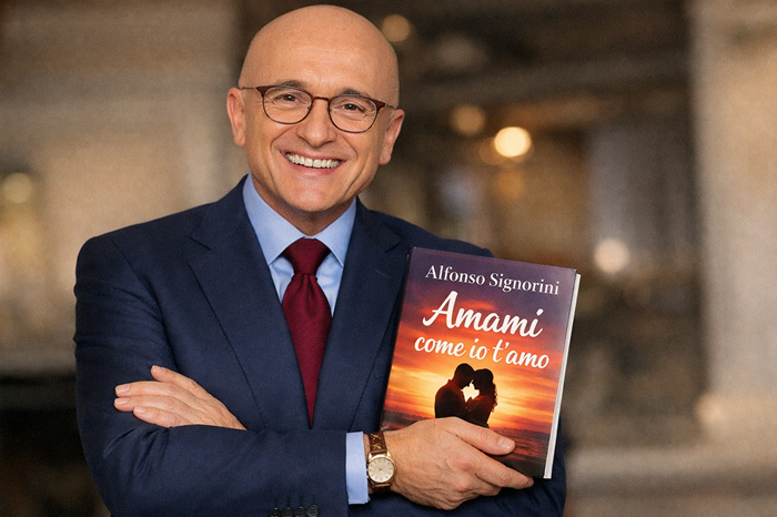 Alfonso Signorini sorridente con in mano il suo ultimo libro "Amami come io t'amo"