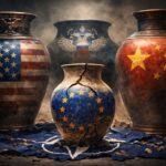 europa come vaso di coccio in mezzo ai vasi di ferro usa, russia, cina. Sotto, la bandiera lacerata della NATO