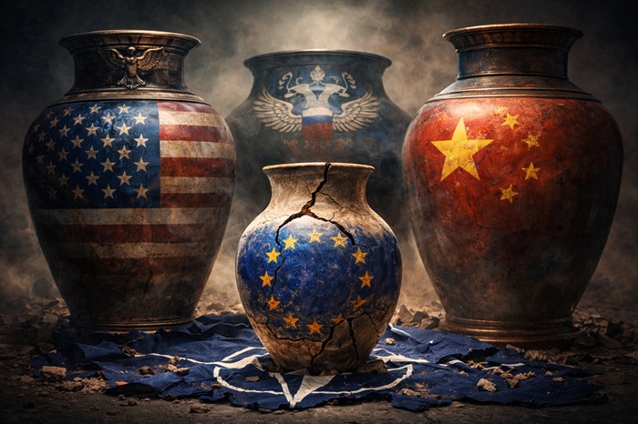 europa come vaso di coccio in mezzo ai vasi di ferro usa, russia, cina. Sotto, la bandiera lacerata della NATO